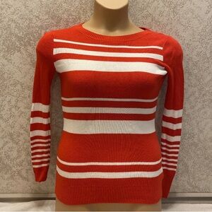 Express Women's Bold Red and White Striped Crew Neck Sweater